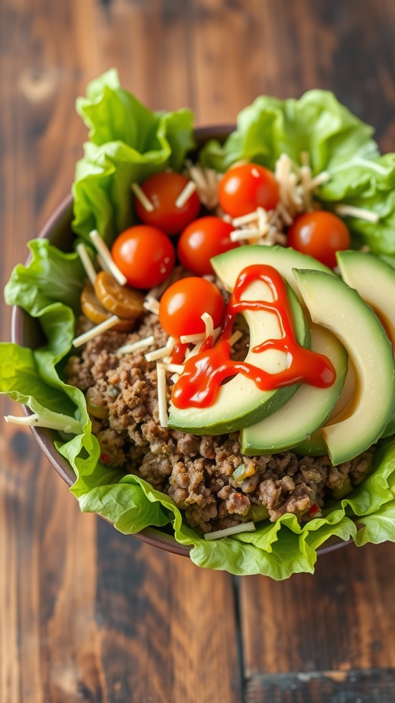 A healthy burger bowl with ground beef, lettuce, tomatoes, avocado, and pickles on a wooden table.